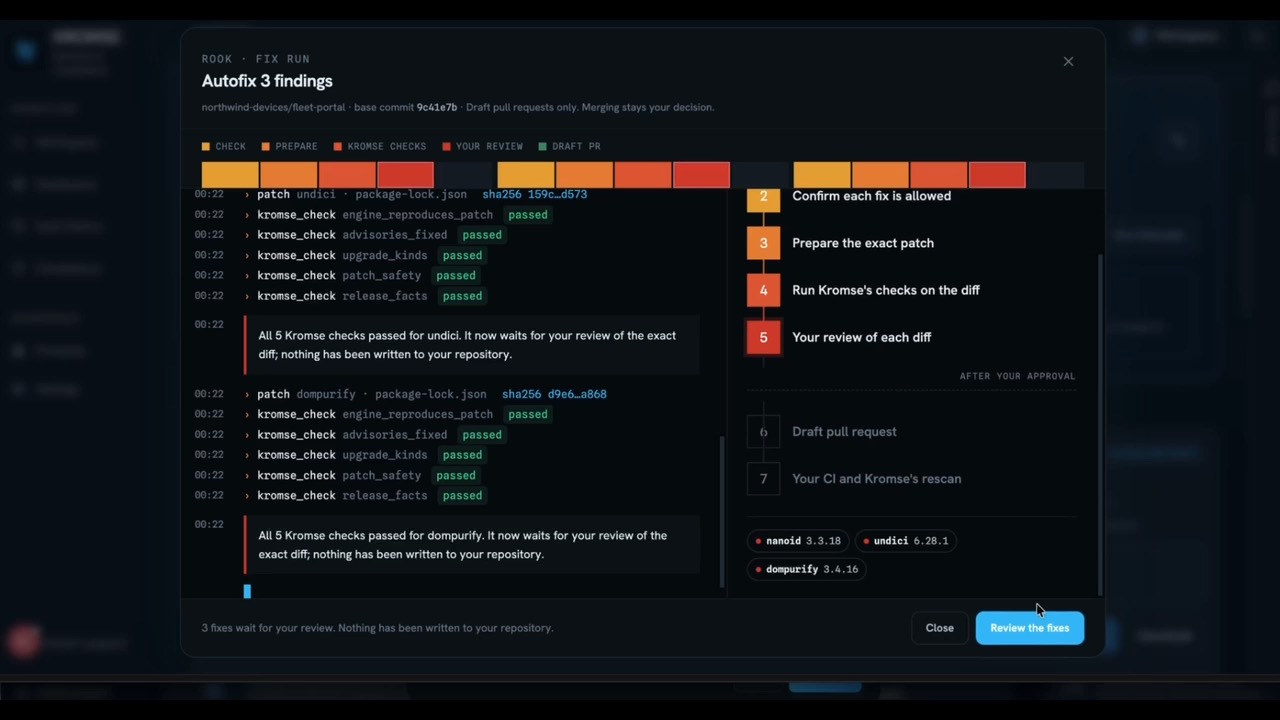 The dark KROMSE workspace: Rook’s fix run shows completed checks and fixes waiting for human review